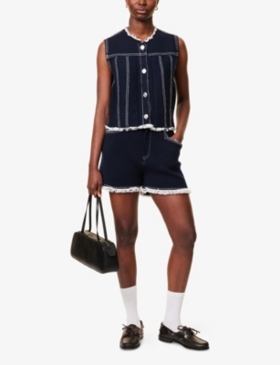 BARRIE: Fringe-Trim Contrast-Stitch Sleeveless Cashmere-Blend Knitted Jacket