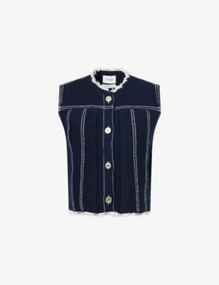 BARRIE: Fringe-Trim Contrast-Stitch Sleeveless Cashmere-Blend Knitted Jacket