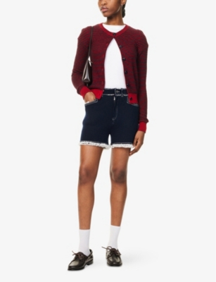 BARRIE: Denim Fringed Straight-Leg Cashmere and Cotton-Blend Knit Shorts