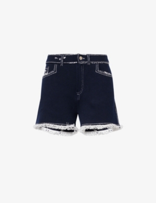 BARRIE: Denim Fringed Straight-Leg Cashmere and Cotton-Blend Knit Shorts