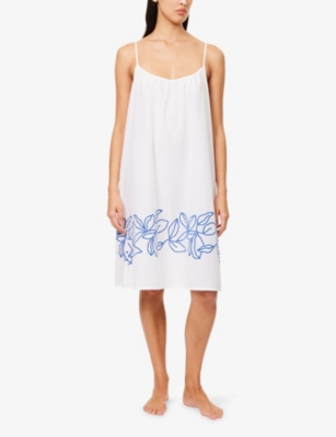 HANRO: Floral-Embroidered Spaghetti-Strap Cotton Nightdress