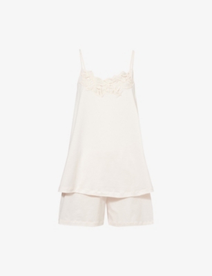 HANRO WOMENS MELON SODA FLORAL-EMBROIDERED COTTON SHORT PYJAMAS 