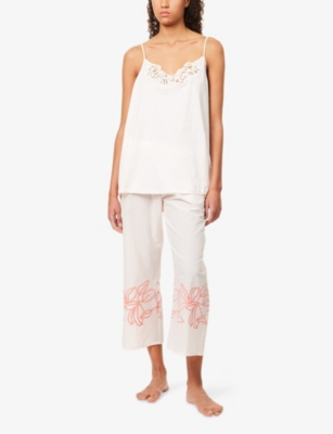 Shop Hanro Womens Melon Soda Liz Floral-embroidered Straight-leg Cotton Cropped Pyjama Bottoms