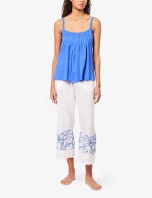 HANRO WOMENS WHITE LIZ FLORAL-EMBROIDERED STRAIGHT-LEG COTTON CROPPED PYJAMA BOTTOMS XS 