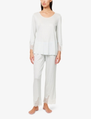 HANRO WOMENS ICE FLOW LACE-TRIM ROUND-NECK JERSEY PAJAMAS 