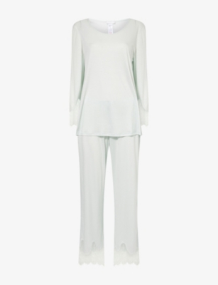 HANRO WOMENS ICE FLOW LACE-TRIM ROUND-NECK JERSEY PAJAMAS 