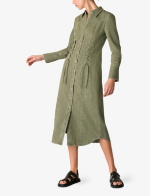 WHISTLES WOMENS KHAKI LIMITED EDITION HUDSON LACE DETAIL COTTON MIDI DRESS 