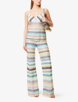 Missoni Zigzag-intarsia Wide-leg Open-knit Trousers In Multi Blue Yellow
