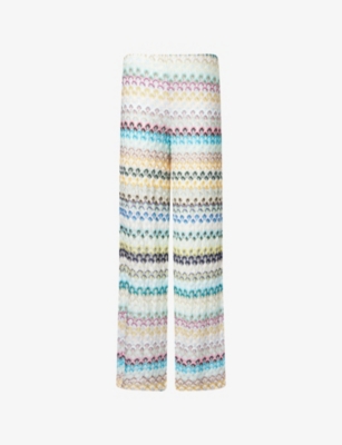 Missoni Zigzag-intarsia Wide-leg Open-knit Trousers In Multi Blue Yellow