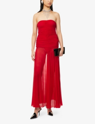 MAGDA BUTRYM WOMENS RED STRAPLESS RUCHED STRETCH-CHIFFON MIDI DRESS 