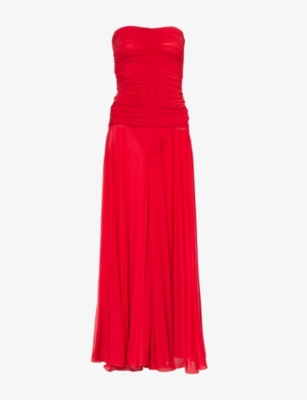MAGDA BUTRYM WOMENS RED STRAPLESS RUCHED STRETCH-CHIFFON MIDI DRESS 