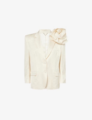MAGDA BUTRYM: Floral-Brooch Notch-Lapel Woven Blazer