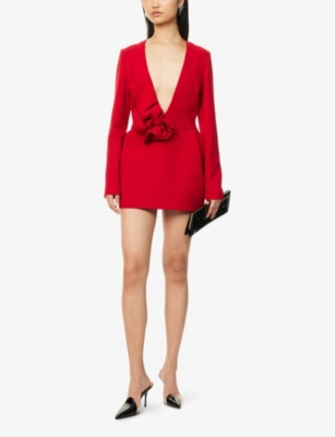 MAGDA BUTRYM: Floral-Appliqué Long-Sleeve Wool-Blend Stretch-Crepe Mini Dress