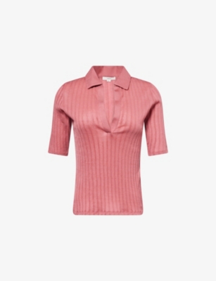 VINCE: Ribbed V-Neck Cotton Polo Shirt