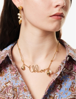 CHLOE: Logo-hardware shell-motif brass necklace