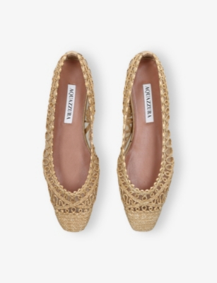 Aquazzura Womens Beige Kahlo Raffia And Mesh Ballet Flats Eur 37 / 4 Uk