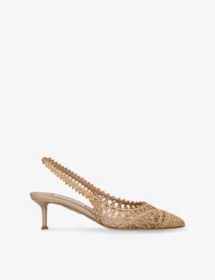 AQUAZZURA: Kahlo Sling 50 Raffia And Mesh Heeled Courts