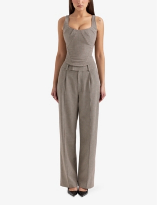 Shop House Of Cb Of Cb Womens Brown Puppytooth Hayden Checked Stretch-woven Trousers Xs