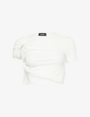 WE11DONE: Gather Cropped Cotton-Blend Stretch-Jersey T-Shirt