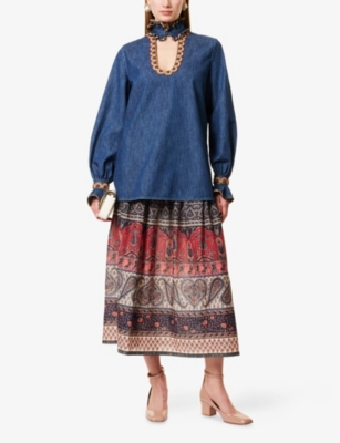VALENTINO GARAVANI: Embroidered Frilled Cotton-Denim Shirt
