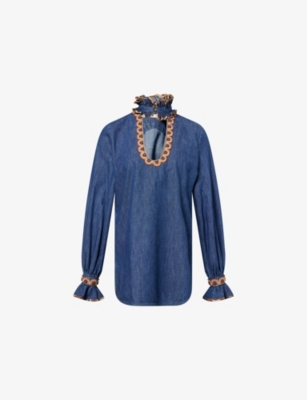 VALENTINO GARAVANI: Embroidered Frilled Cotton-Denim Shirt