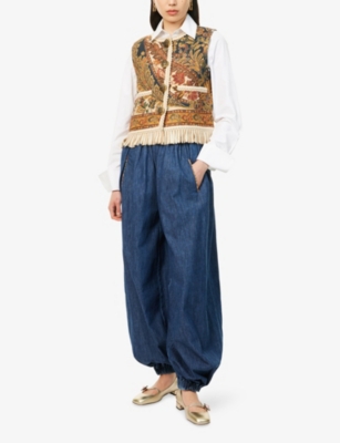 VALENTINO WOMENS VALENTINO GARAVANI WIDE-LEG CUFFED-HEM CHAMBRAY DENIM TROUSERS 