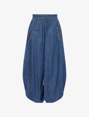 Valentino Womens Wide-leg Cuffed-hem Chambray Denim Trousers Medium Blue Denim