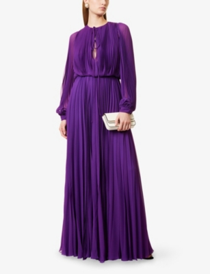 VALENTINO GARAVANI: Long-Sleeve Pleated Silk-Crepe Maxi Dress