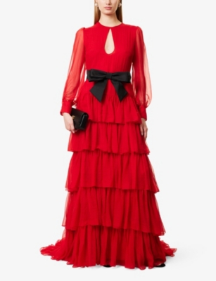 VALENTINO GARAVANI: Bow-Embellished Tiered-Skirt Silk Maxi Dress