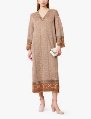 VALENTINO GARAVANI: V-Neck Metallic Woven Midi Dress