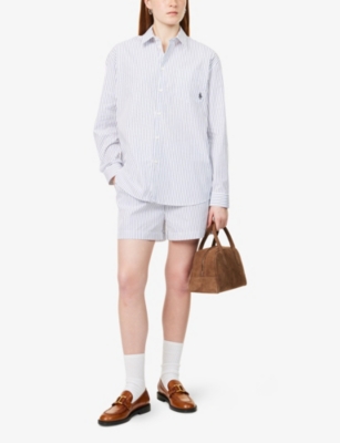 Sporty And Rich Womens Forest Striped Striped Drawstring Cotton-poplin Shorts In Blue Striped