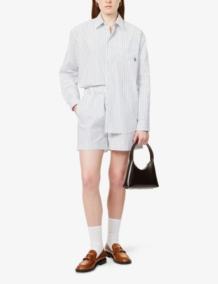 SPORTY & RICH: Striped Drawstring Cotton-Poplin Shorts