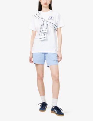Sporty And Rich Womens Riding Gym Logo-print Cotton-jersey Shorts Washed Hydrangea In Washed Hydrangea