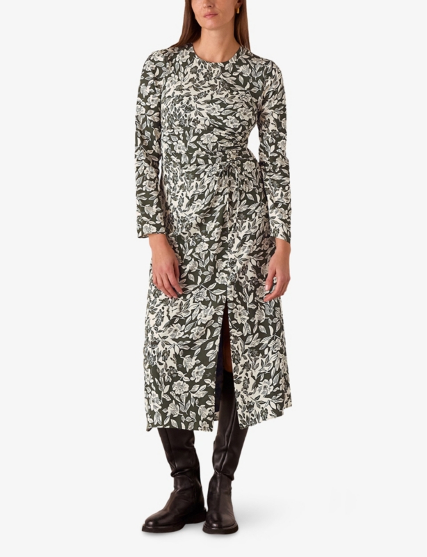 Graphic-Print Ruched-Side Woven Midi Dress