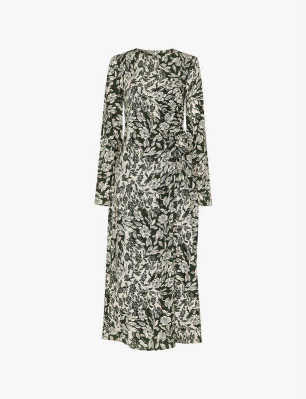 Graphic-Print Ruched-Side Woven Midi Dress