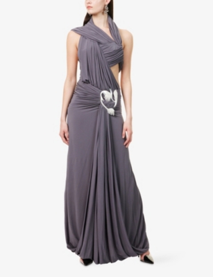 Swept Drape Asymmetric-Neckline Stretch-Woven Bodysuit
