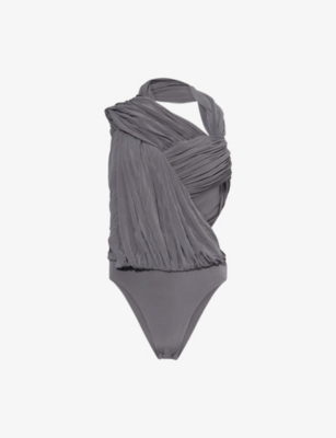 Swept Drape Asymmetric-Neckline Stretch-Woven Bodysuit