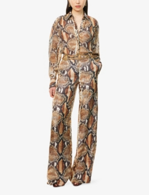 ROBERTO CAVALLI: Python Print Wide-Leg Cotton Trousers
