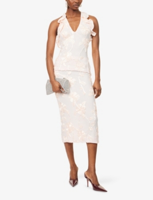 ROTATE BIRGER CHRISTENSEN: 3D Floral-Embroidered Ruffle Stretch-Woven Top