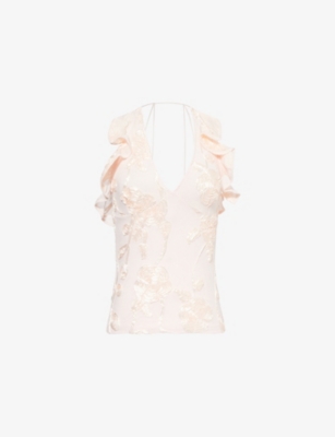 ROTATE BIRGER CHRISTENSEN: 3D Floral-Embroidered Ruffle Stretch-Woven Top