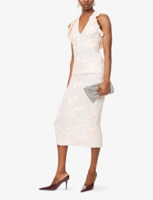 ROTATE BIRGER CHRISTENSEN: 3D Floral-Embroidered Stretch-Mesh Midi Skirt