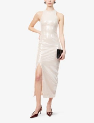 ROTATE BIRGER CHRISTENSEN WOMENS DOESKIN (BEIGE) ROUND-NECK BUTTONED SEQUIN MAXI DRESS 