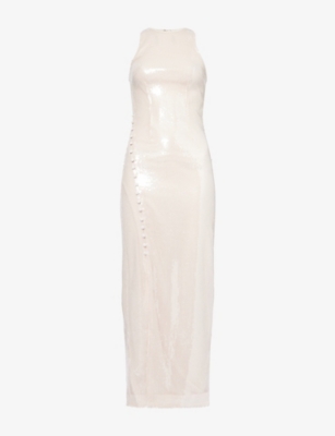 ROTATE BIRGER CHRISTENSEN WOMENS DOESKIN (BEIGE) ROUND-NECK BUTTONED SEQUIN MAXI DRESS 