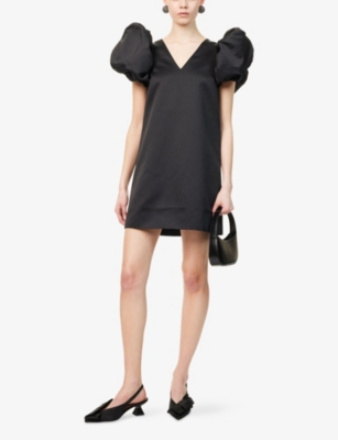 Rotate Birger Christensen Mini Dress With V-neckline And Puff Sleeves In Black