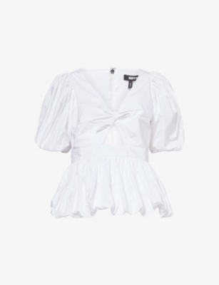 Rotate Birger Christensen Rotate Bubble Top With Puff Sleeves And V-neck Detail In Bright White
