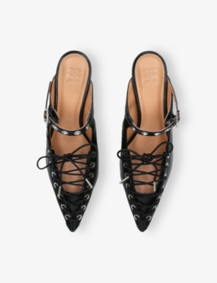 GANNI: Eyelets Lace-Up Faux-Leather Mules