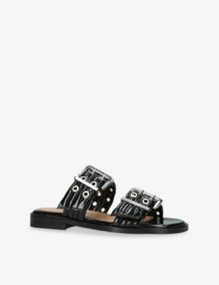 Feminine Buckle Two-Strap Vegan Leather Sandals