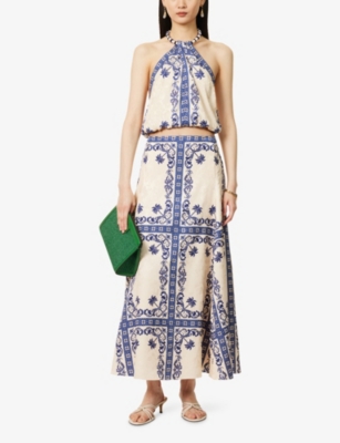 Shop Johanna Ortiz Womens Tropicalismo Ecru/blue Cantos Andaluz Printed Jacquard Satin Top