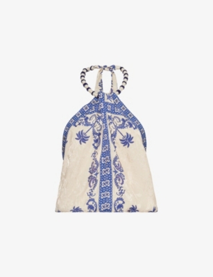 Shop Johanna Ortiz Womens Tropicalismo Ecru/blue Cantos Andaluz Printed Jacquard Satin Top