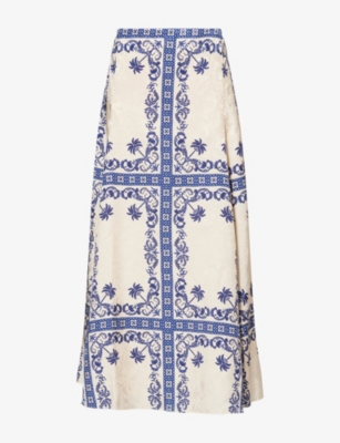 Shop Johanna Ortiz Womens Tropicalismo Ecru/blue Lucena Floral-print Jacquard Maxi Skirt